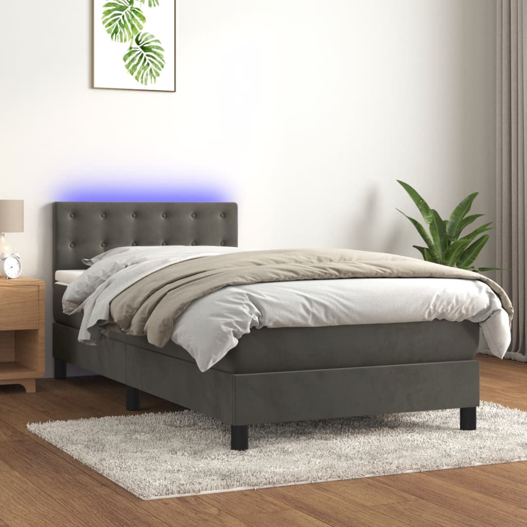 vidaXL Posteľ boxsping s matracom a LED tmavosivá 100x200 cm zamat