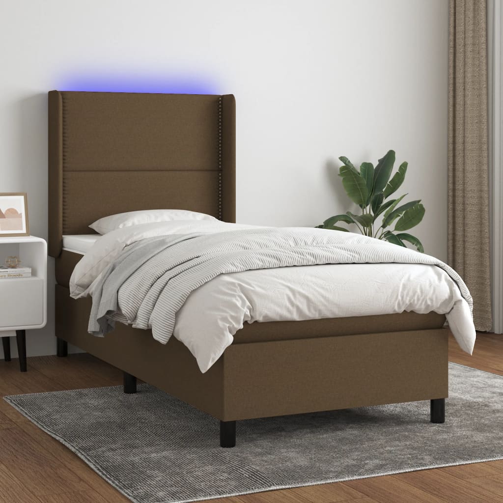 vidaXL Posteľ boxsping s matracom a LED tmavohnedá 90x190 cm látka