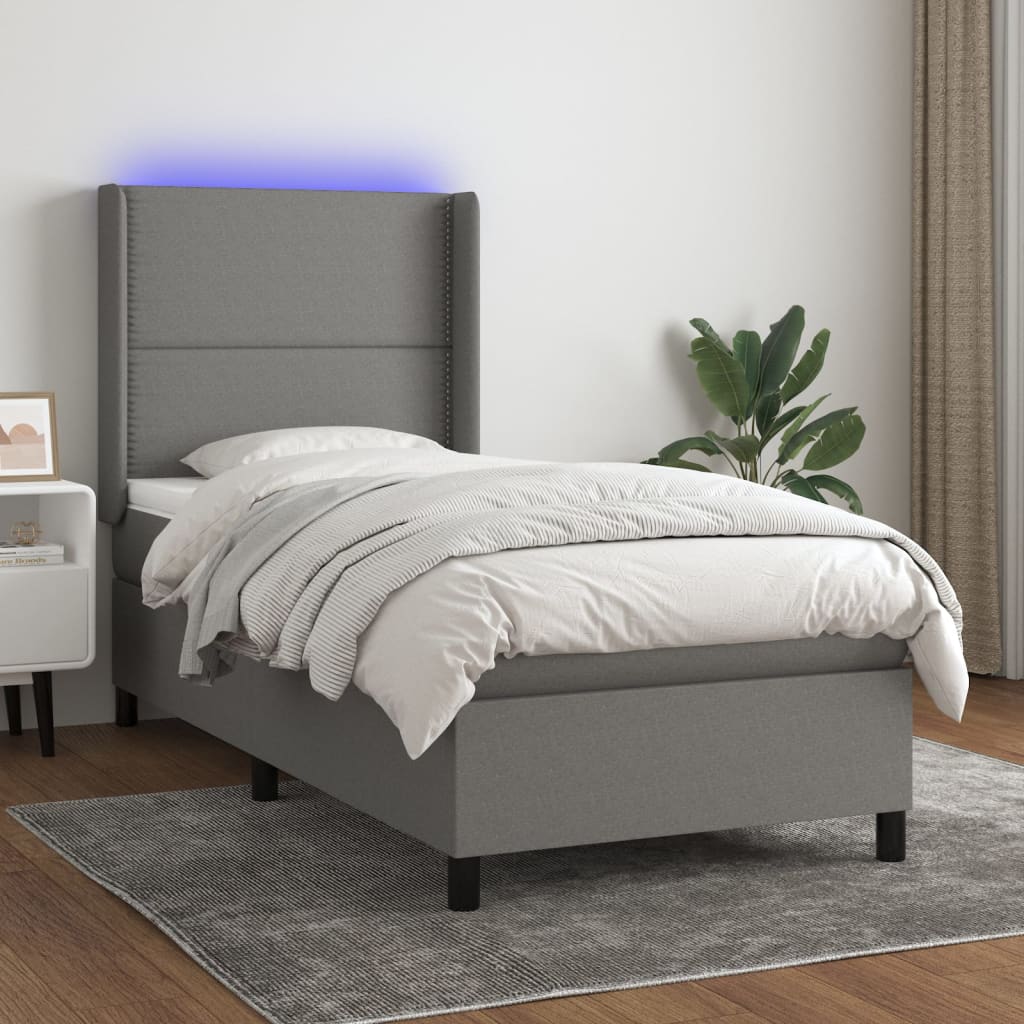 vidaXL Posteľ boxsping s matracom a LED tmavosivá 90x200 cm látka