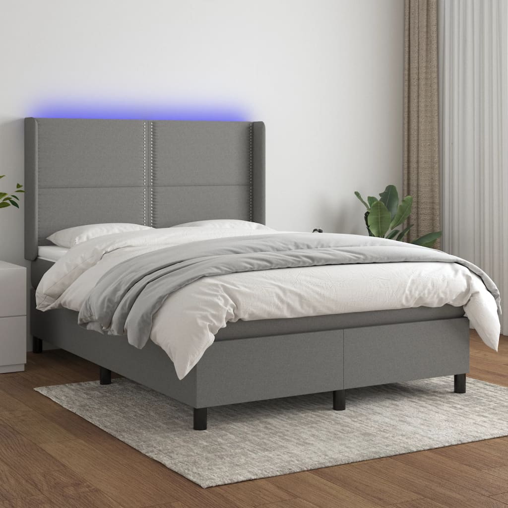 vidaXL Posteľ boxsping s matracom a LED tmavosivá 140x200 cm látka