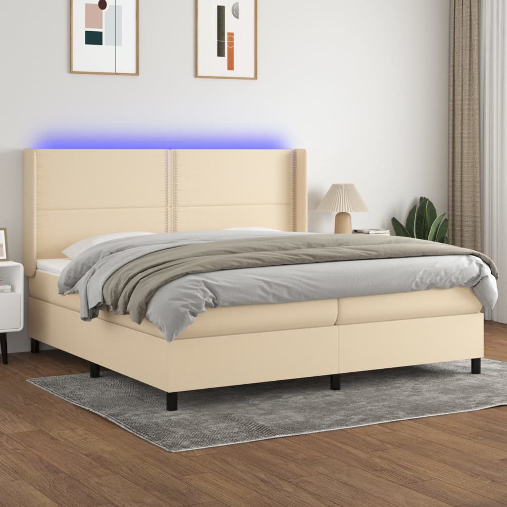 vidaXL Posteľ boxsping s matracom a LED krémová 200x200 cm látka