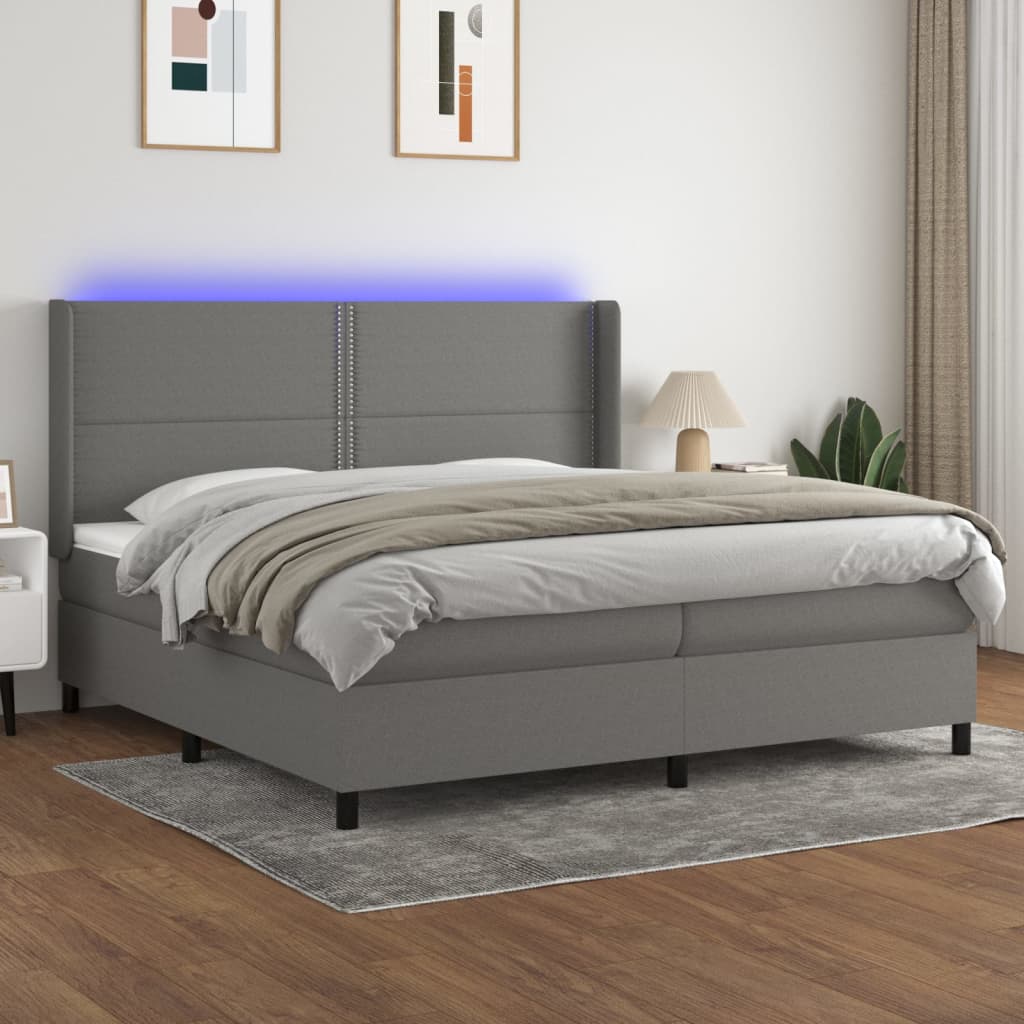 vidaXL Posteľ boxsping s matracom a LED tmavosivá 200x200 cm látka
