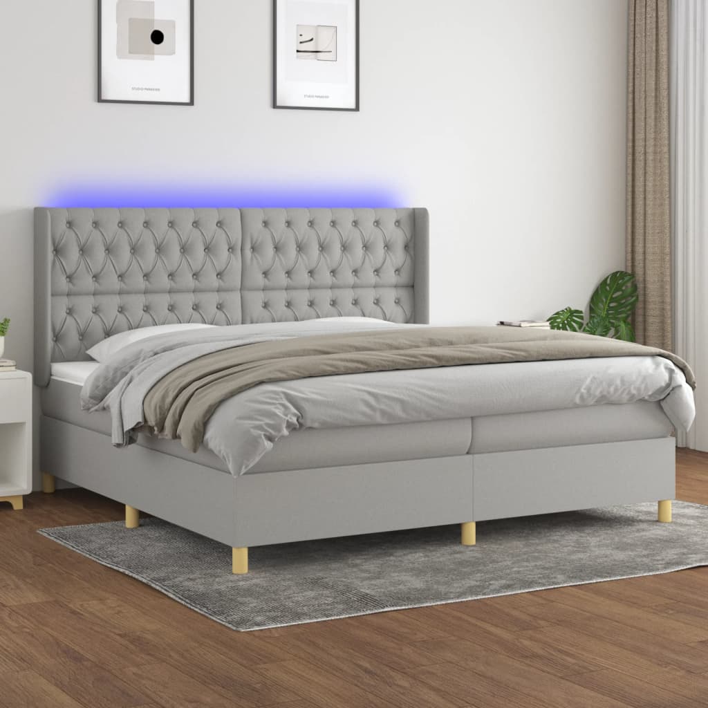 vidaXL Posteľ boxsping s matracom a LED bledosivá 200x200 cm látka