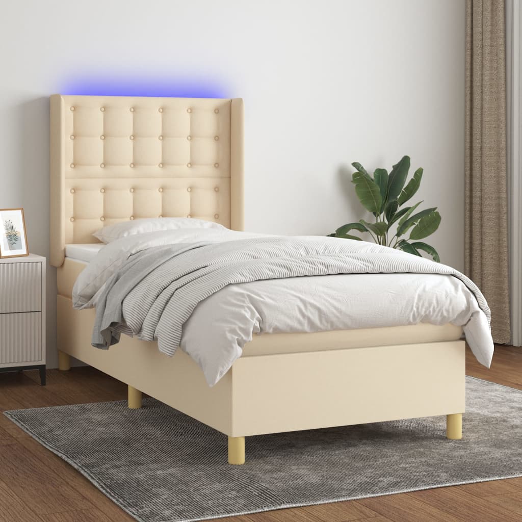 vidaXL Posteľ boxsping s matracom a LED krémová 100x200 cm látka