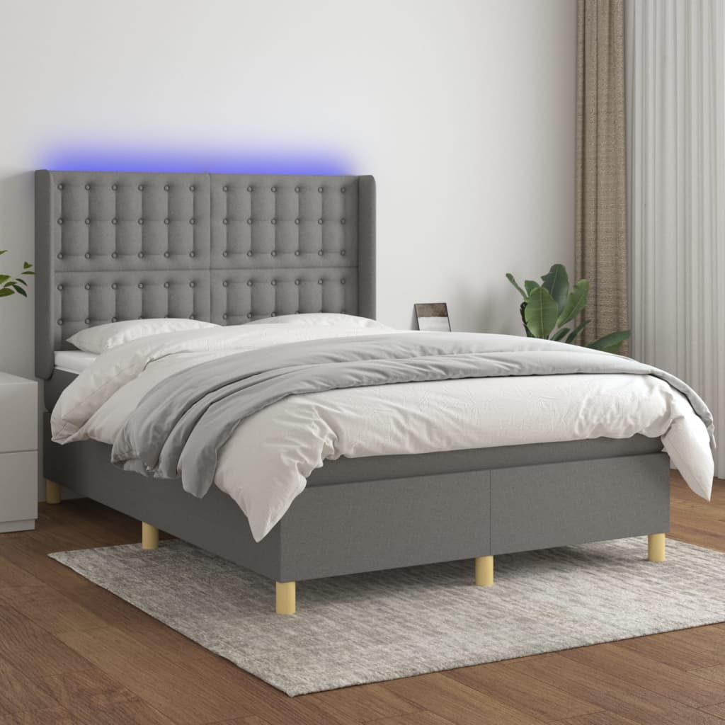 vidaXL Posteľ boxsping s matracom a LED tmavosivá 140x200 cm látka