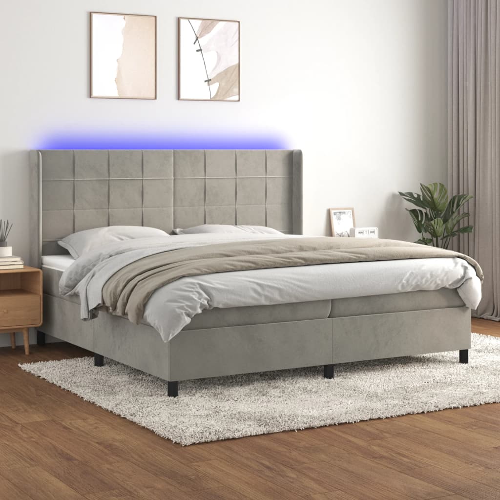 vidaXL Posteľ boxsping s matracom a LED bledosivá 200x200 cm zamat
