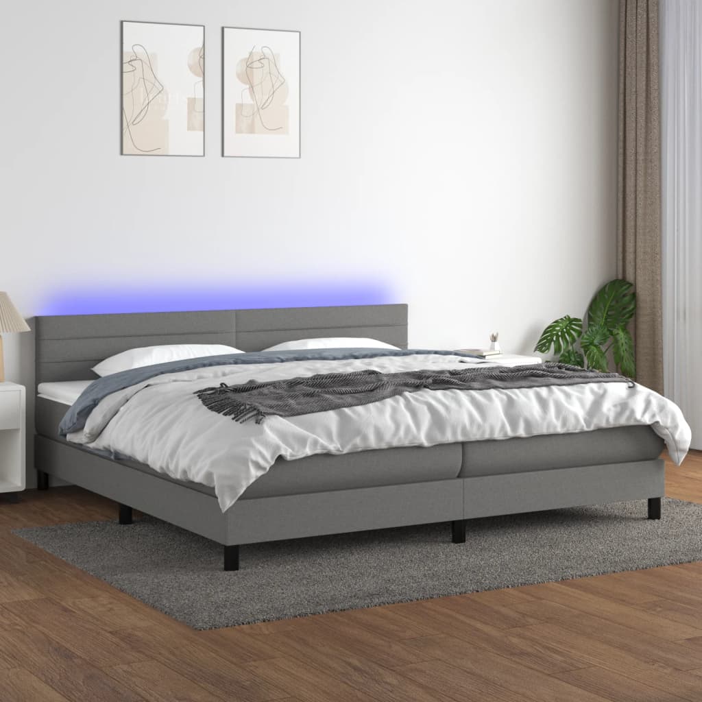 vidaXL Posteľ boxsping s matracom a LED tmavosivá 200x200 cm látka