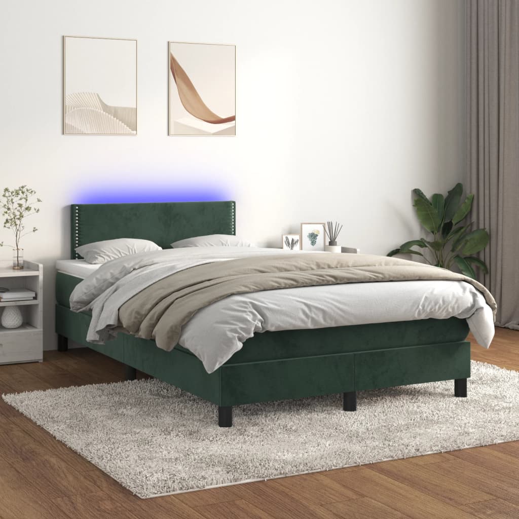 vidaXL Posteľný rám boxsping matrac a LED tmavozelený 120x200 cm zamat