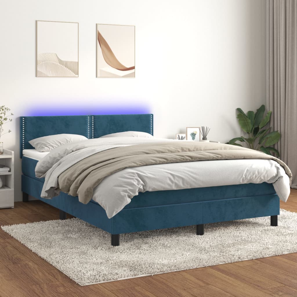 vidaXL Posteľný rám boxsping matrac a LED tmavomodrý 140x200 cm zamat