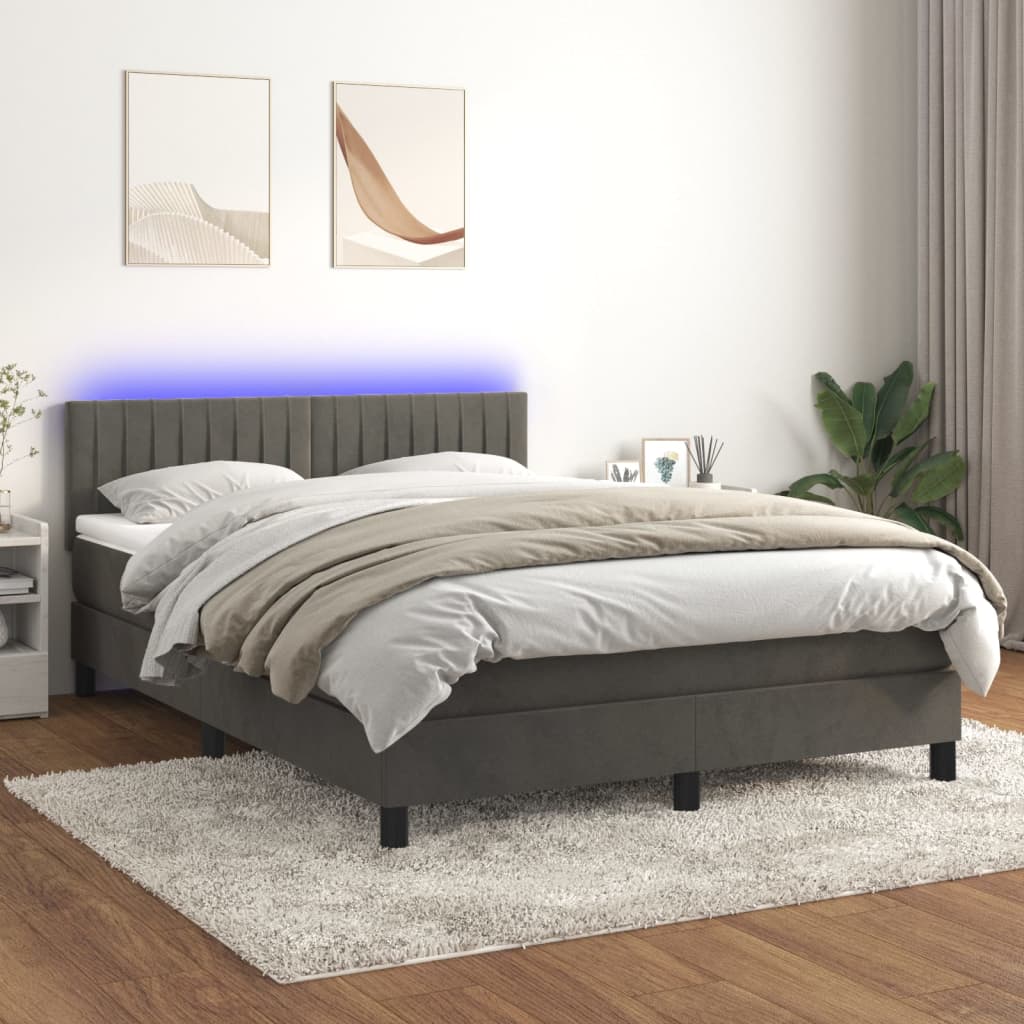 vidaXL Posteľ boxsping s matracom a LED tmavosivá 140x200 cm zamat