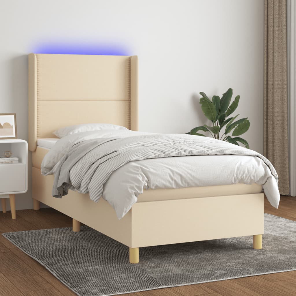 vidaXL Posteľ boxsping s matracom a LED krémová 100x200 cm látka
