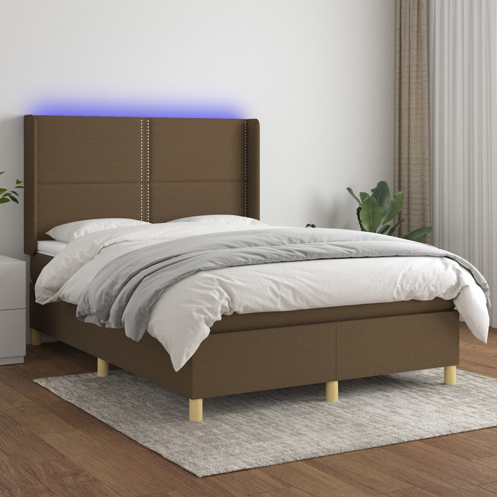 vidaXL Posteľ boxsping s matracom a LED tmavohnedá 140x190 cm látka