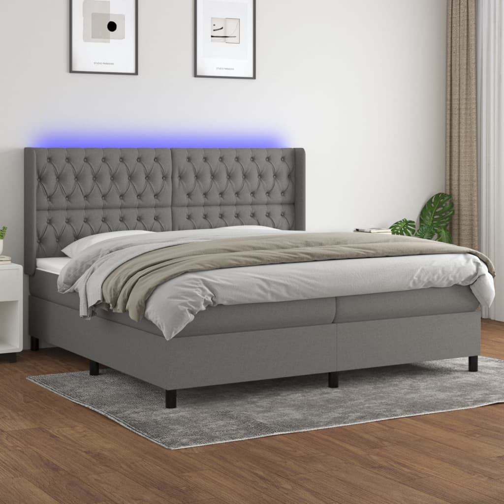 vidaXL Posteľ boxsping s matracom a LED tmavosivá 200x200 cm látka