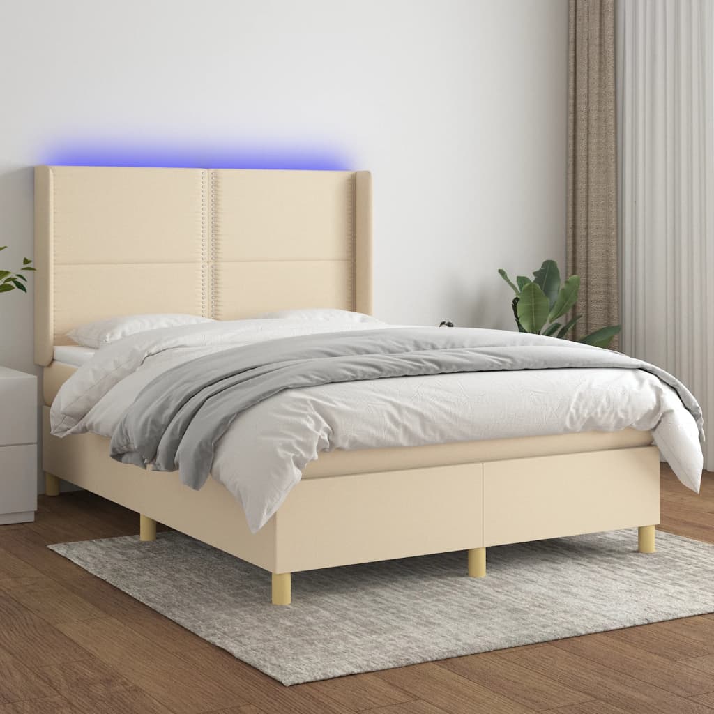 vidaXL Posteľ boxsping s matracom a LED krémová 140x200 cm látka
