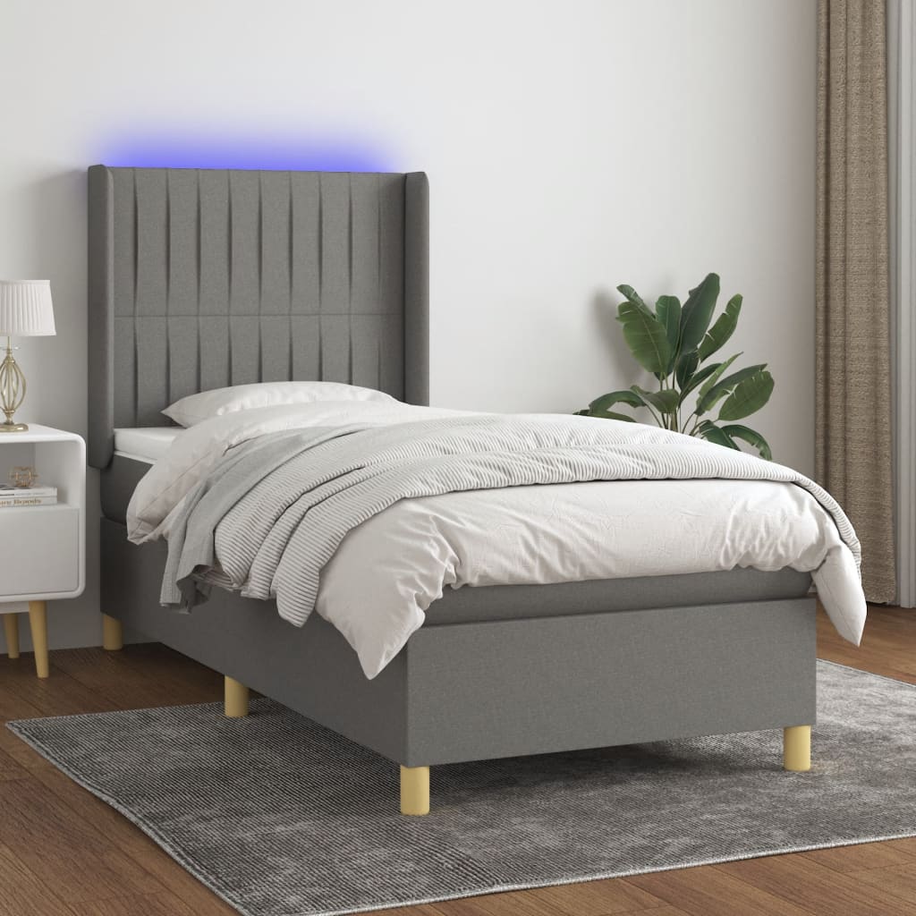 vidaXL Posteľ boxsping s matracom a LED tmavosivá 90x200 cm látka