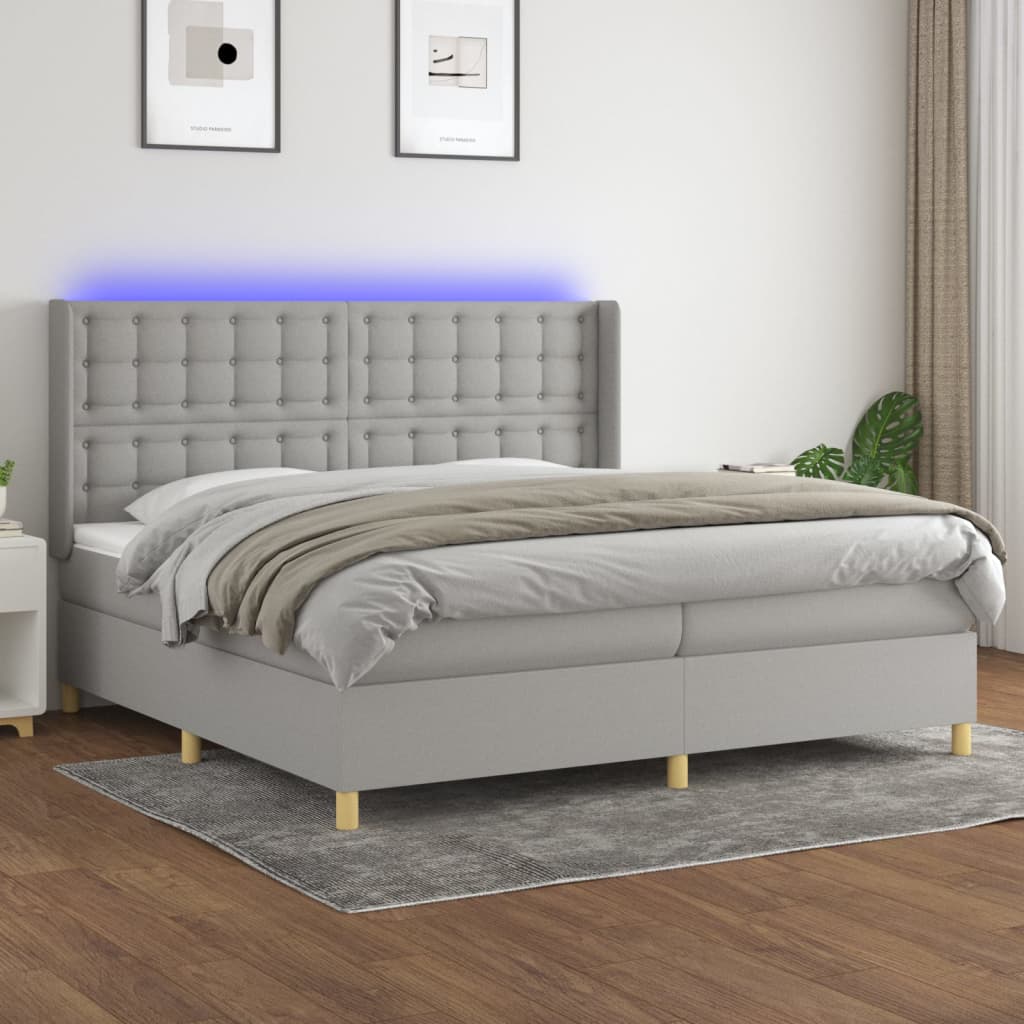 vidaXL Posteľ boxsping s matracom a LED bledosivá 200x200 cm látka