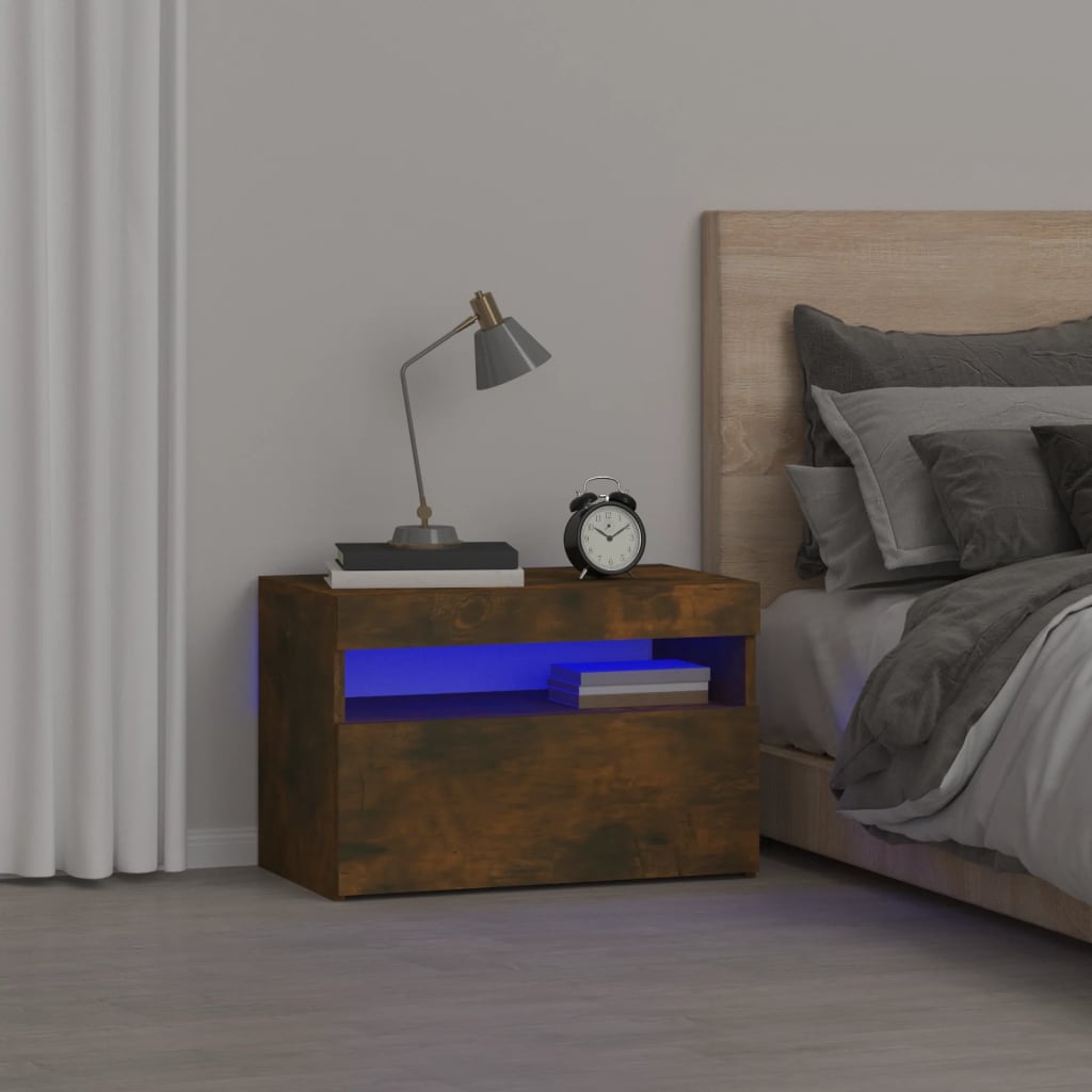 vidaXL Nočný stolík s LED svetlami dymový dub 60x35x40 cm