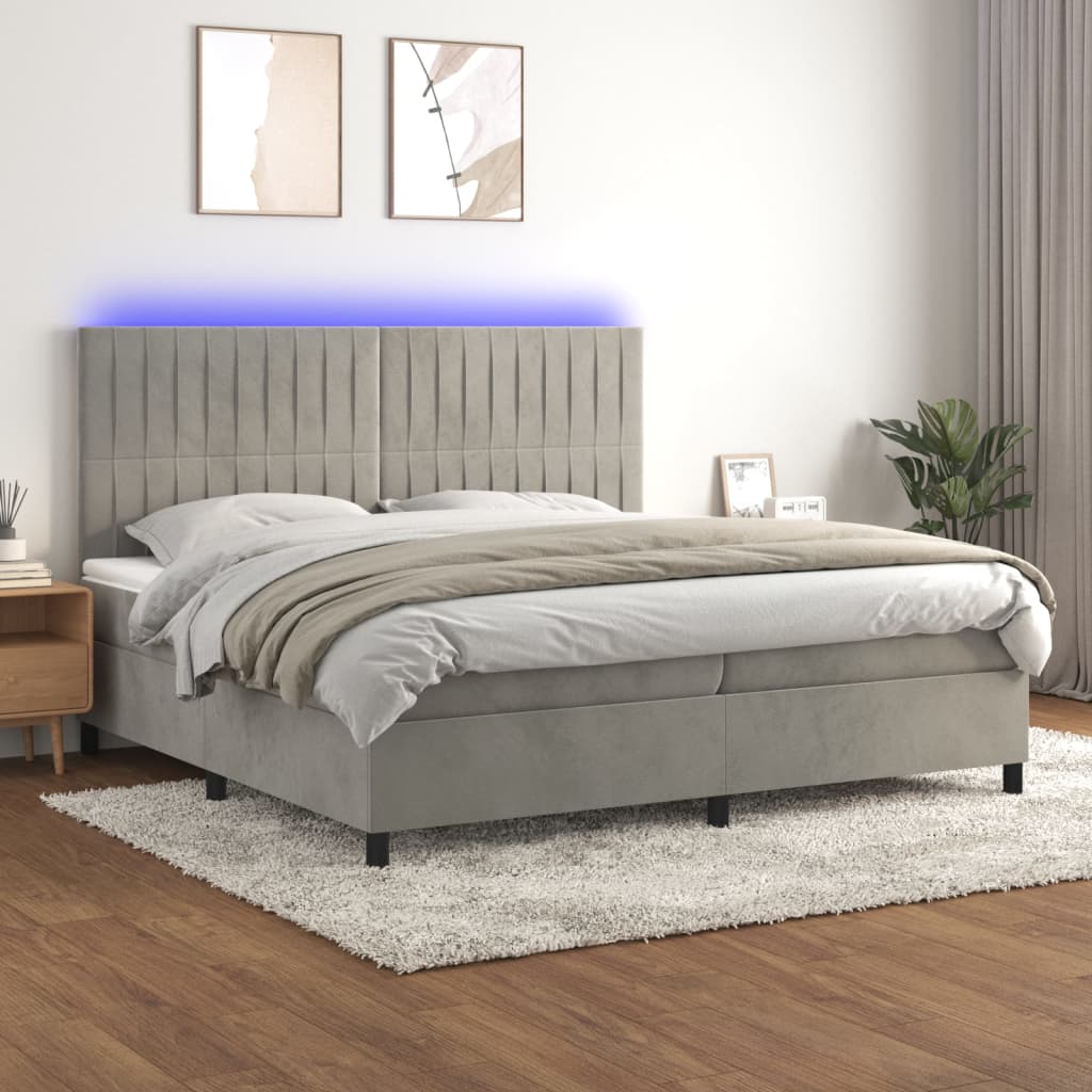vidaXL Posteľ boxsping s matracom a LED bledosivá 200x200 cm zamat
