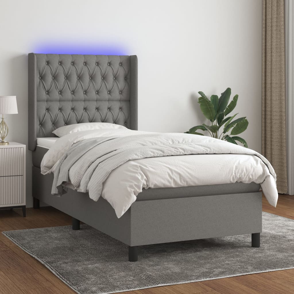 vidaXL Posteľ boxsping s matracom a LED tmavosivá 100x200 cm látka
