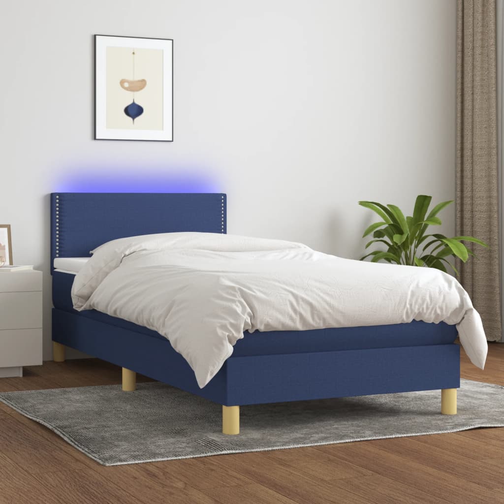 vidaXL Posteľ boxsping s matracom a LED modrá 100x200 cm látka