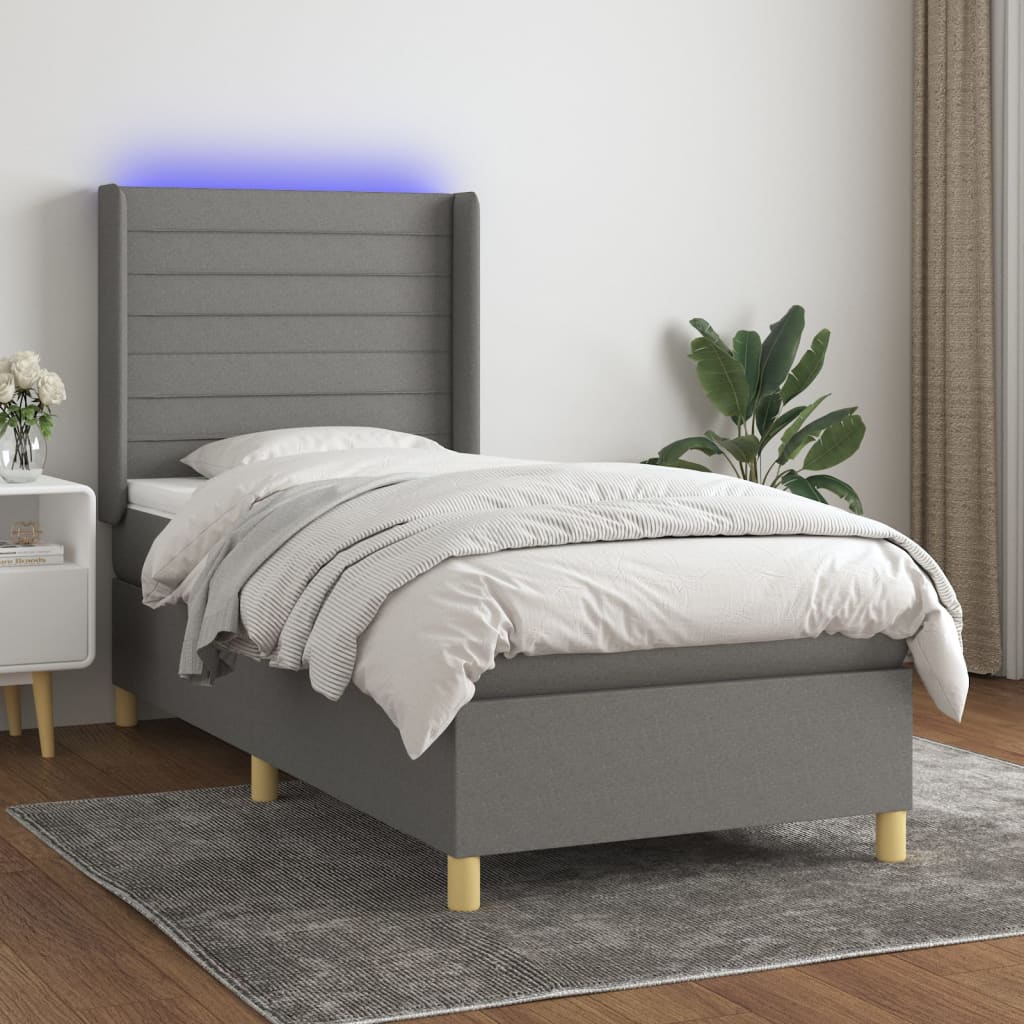 vidaXL Posteľ boxsping s matracom a LED tmavosivá 100x200 cm látka