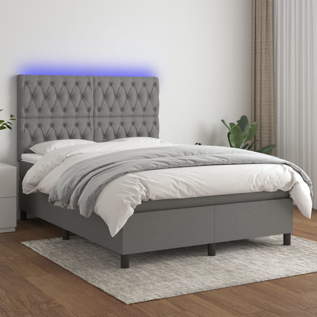 vidaXL Posteľ boxsping s matracom a LED tmavosivá 140x190 cm látka