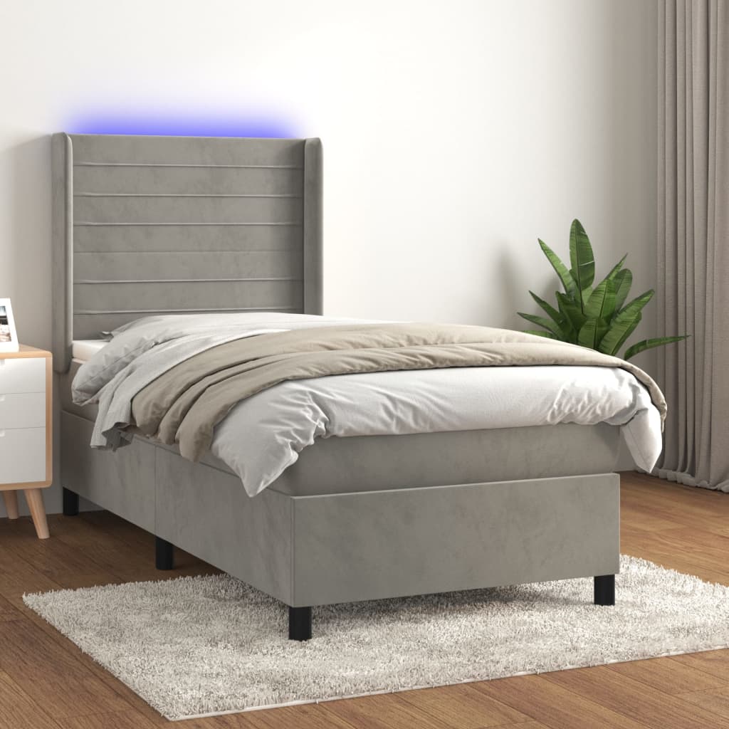 vidaXL Posteľ boxsping s matracom a LED bledosivá 100x200 cm zamat