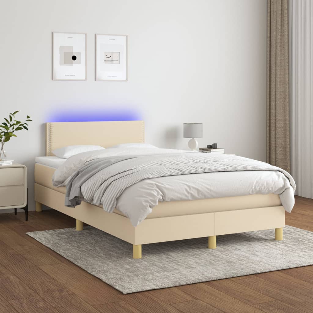 vidaXL Posteľ boxsping s matracom a LED krémová 120x200 cm látka