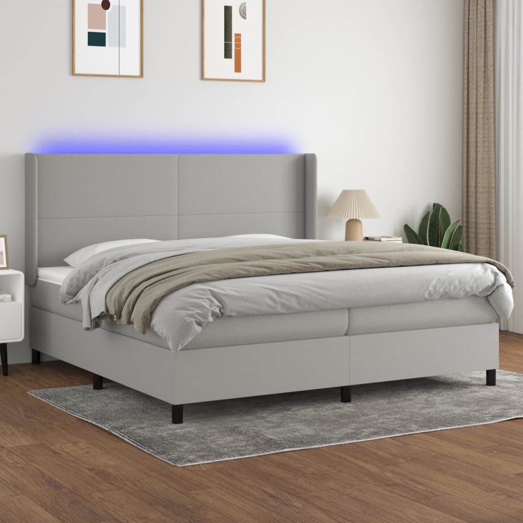 vidaXL Posteľ boxsping s matracom a LED bledosivá 200x200 cm látka