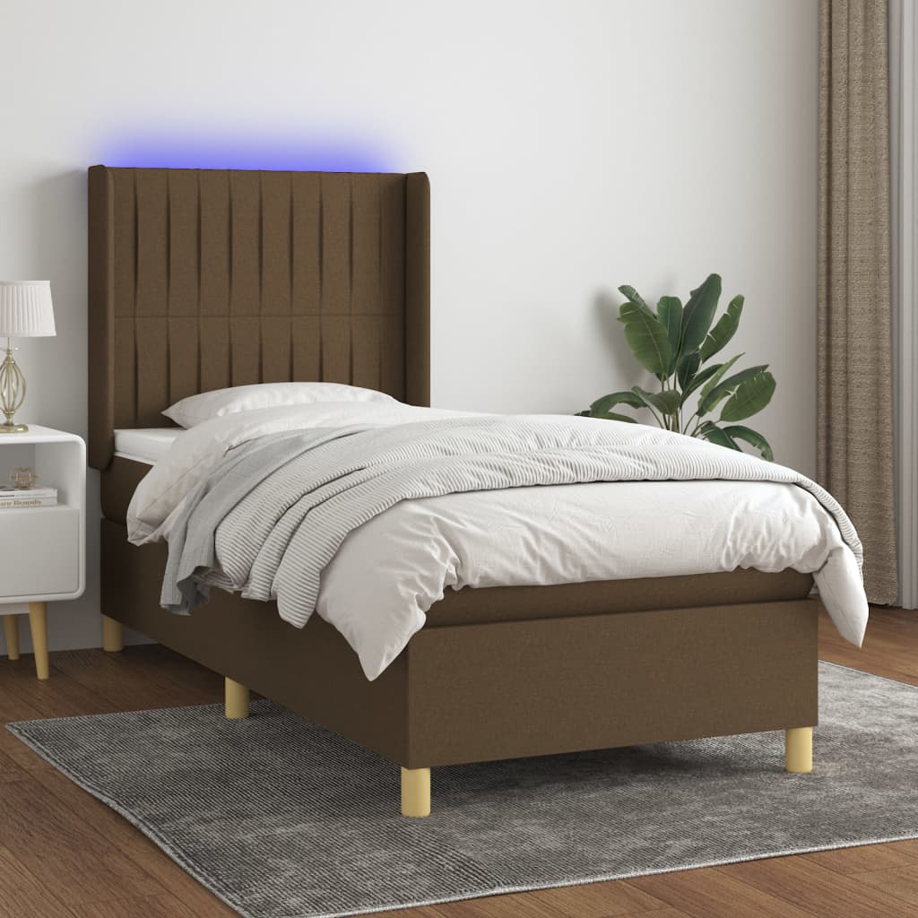 vidaXL Posteľ boxsping s matracom a LED tmavohnedá 100x200 cm látka