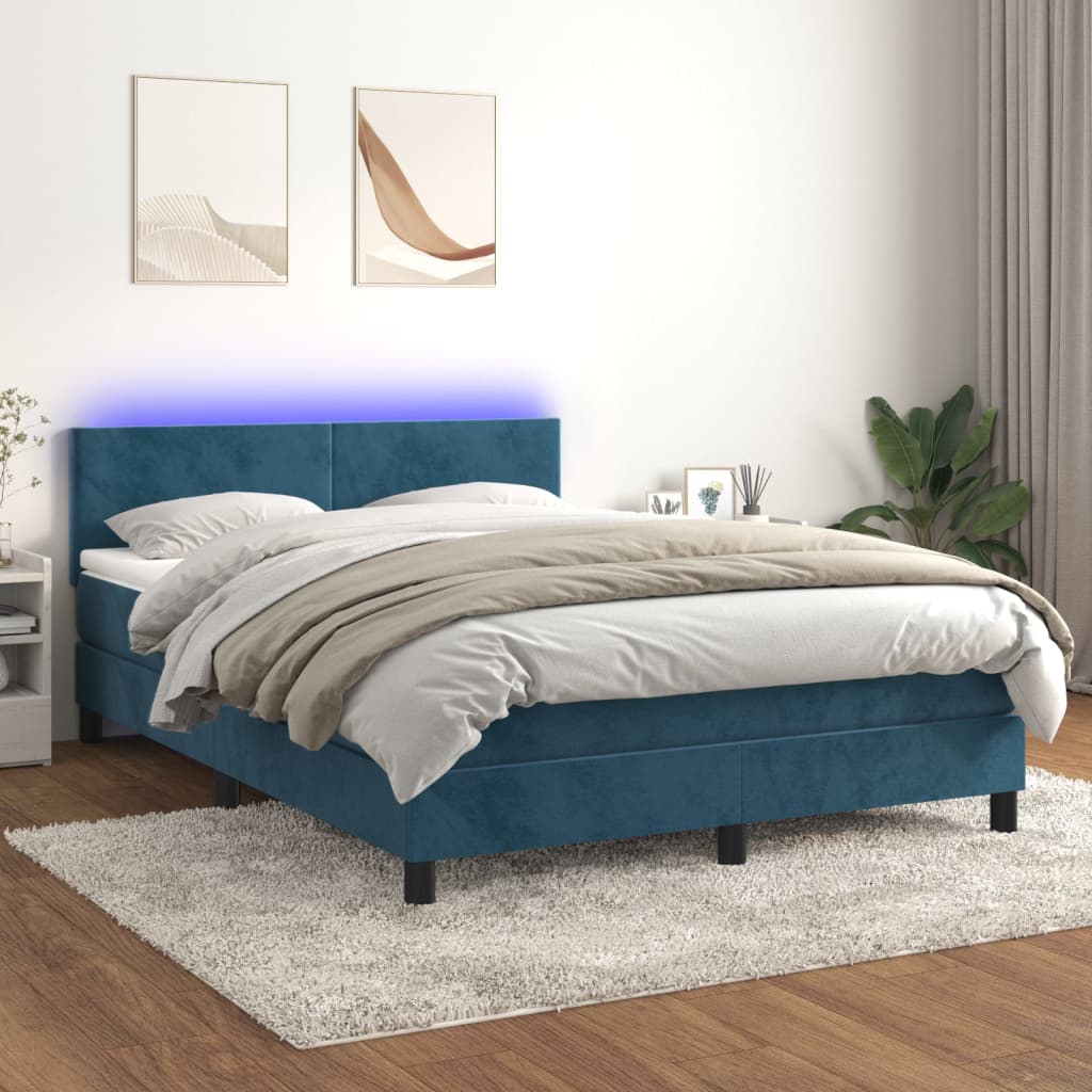 vidaXL Posteľný rám boxsping matrac a LED tmavomodrý 140x200 cm zamat