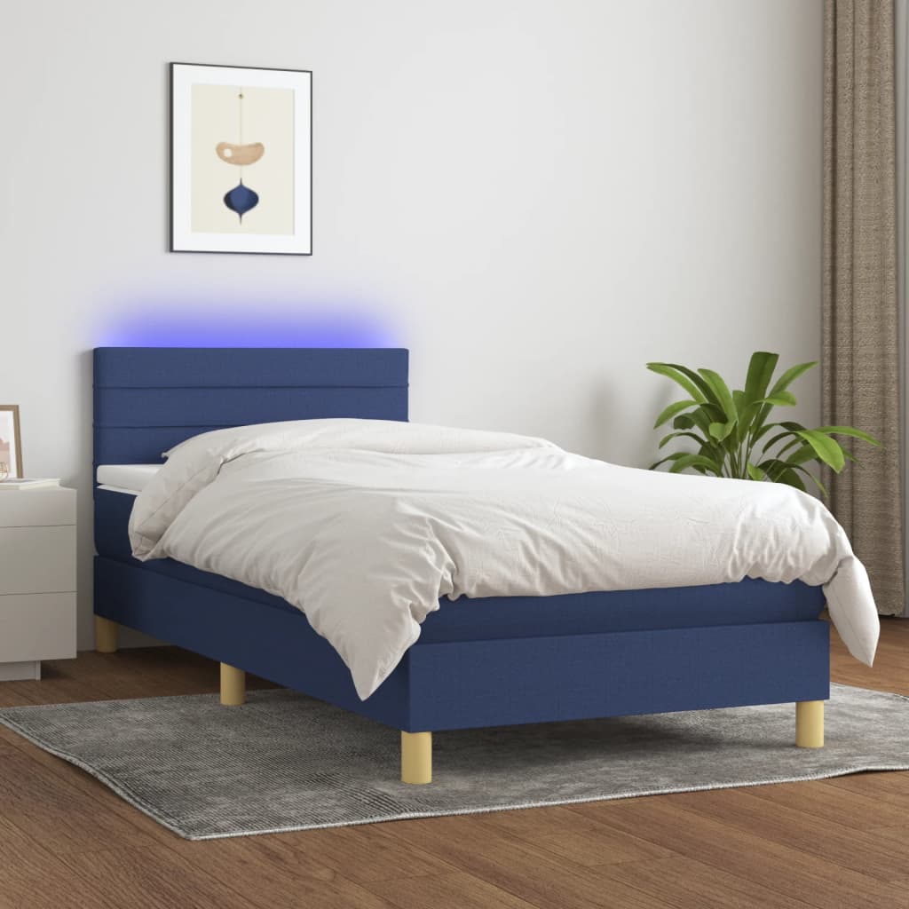 vidaXL Posteľ boxsping s matracom a LED modrá 100x200 cm látka