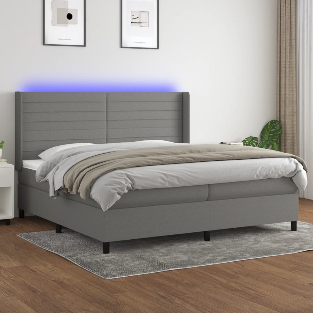 vidaXL Posteľ boxsping s matracom a LED tmavosivá 200x200 cm látka