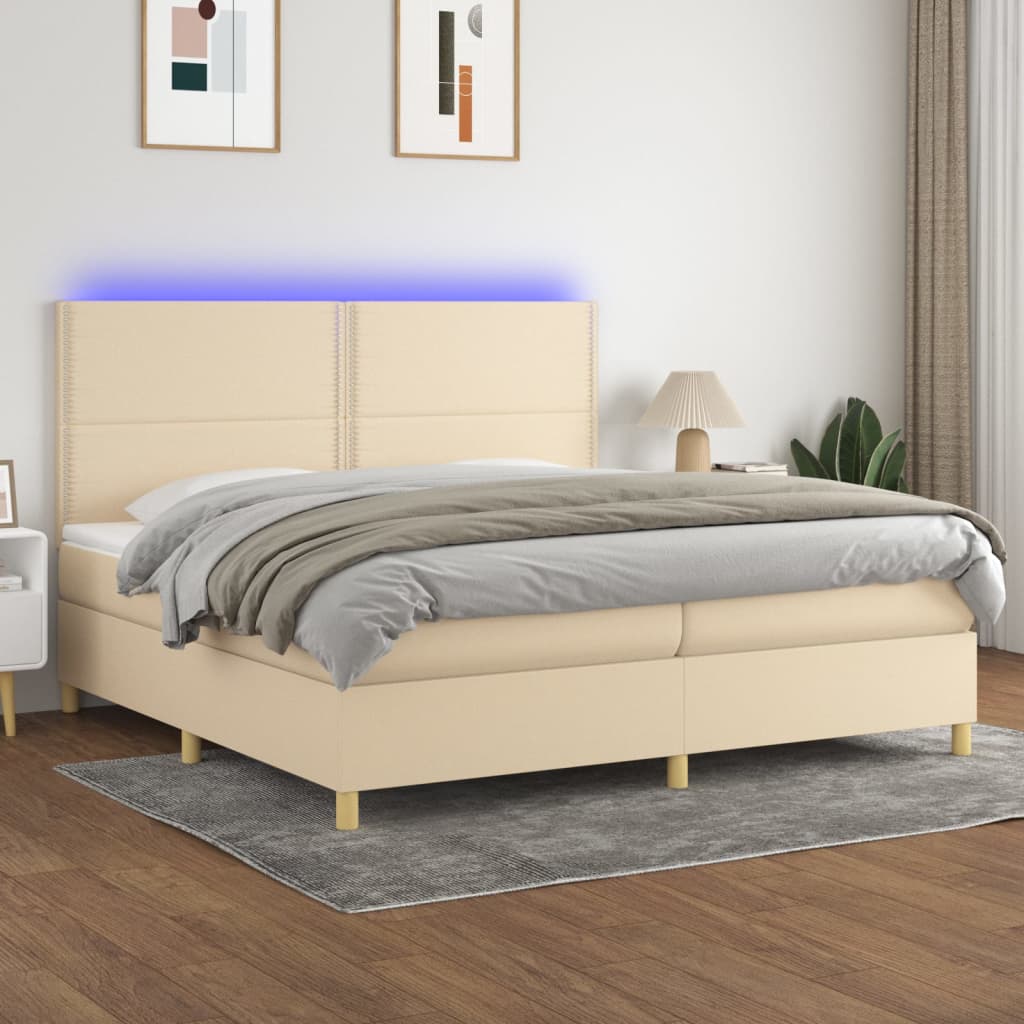 vidaXL Posteľ boxsping s matracom a LED krémová 200x200 cm látka