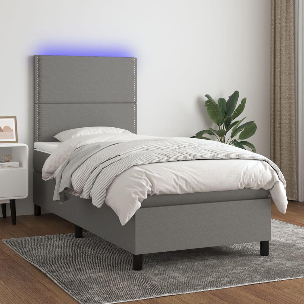 vidaXL Posteľ boxsping s matracom a LED tmavosivá 90x200 cm látka
