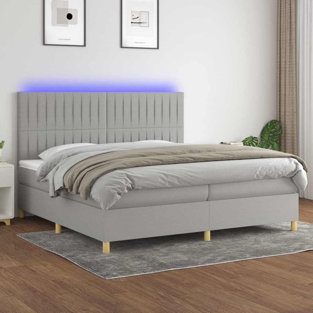 vidaXL Posteľ boxsping s matracom a LED bledosivá 200x200 cm látka