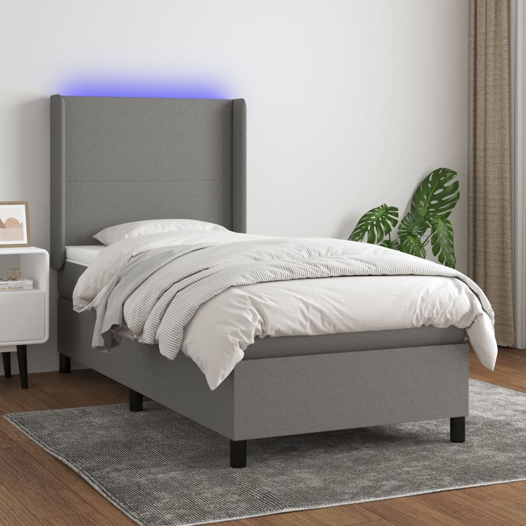 vidaXL Posteľ boxsping s matracom a LED tmavosivá 100x200 cm látka