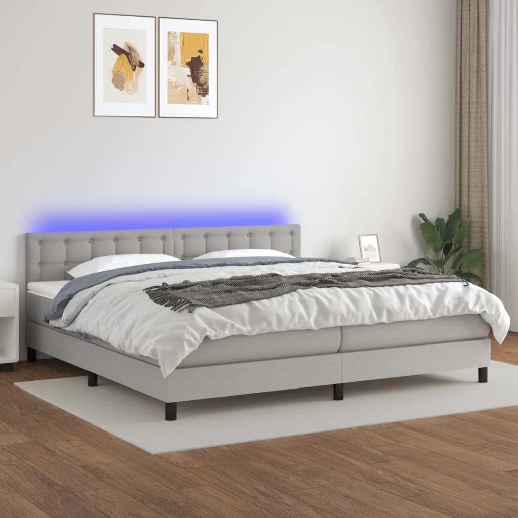 vidaXL Posteľ boxsping s matracom a LED bledosivá 200x200 cm látka