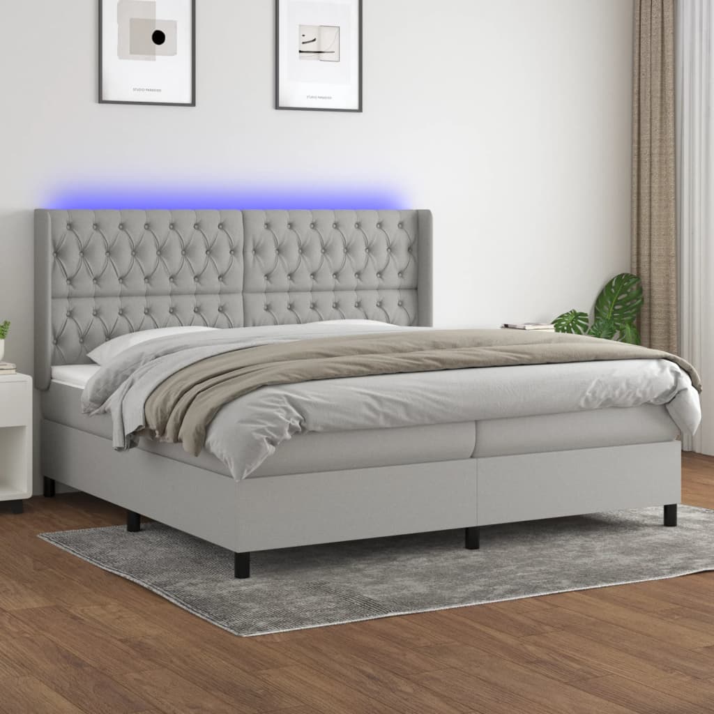 vidaXL Posteľ boxsping s matracom a LED bledosivá 200x200 cm látka