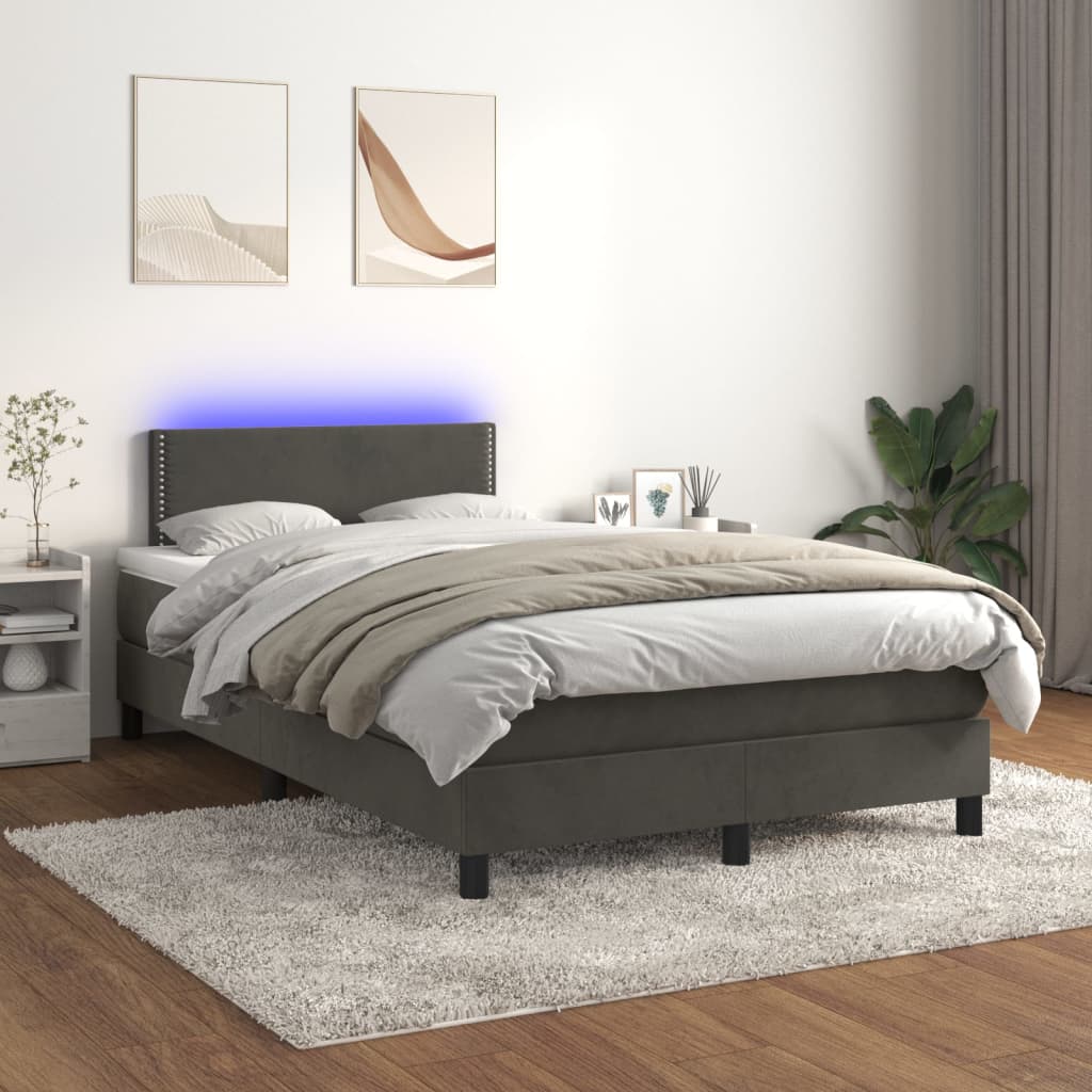 vidaXL Posteľ boxsping s matracom a LED tmavosivá 120x200 cm zamat