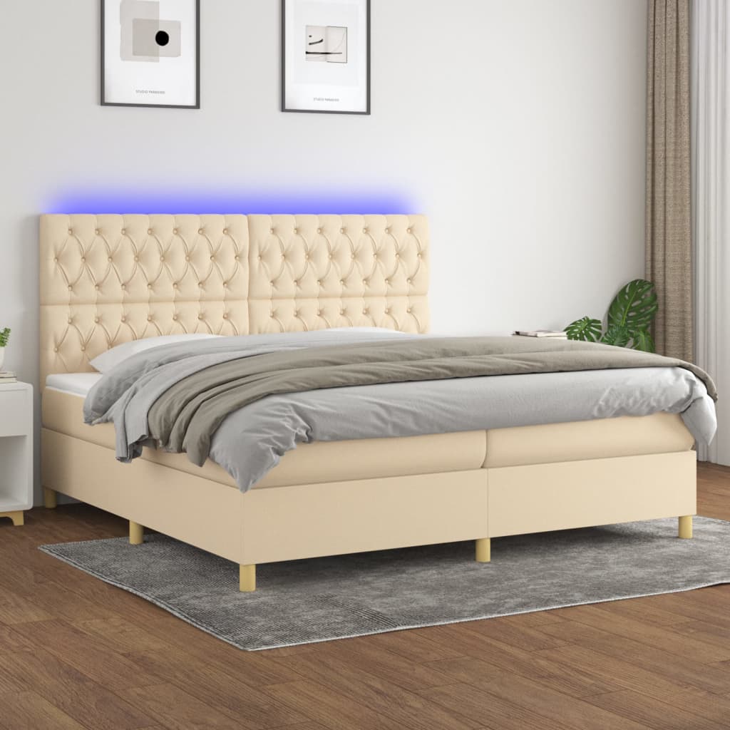 vidaXL Posteľ boxsping s matracom a LED krémová 200x200 cm látka