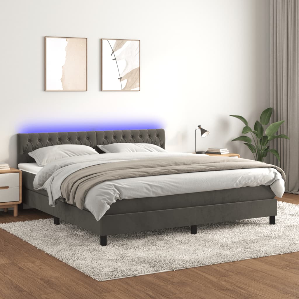 vidaXL Posteľ boxsping s matracom a LED tmavosivá 160x200 cm zamat