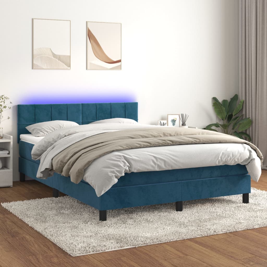 vidaXL Posteľný rám boxsping matrac a LED tmavomodrý 140x190 cm zamat