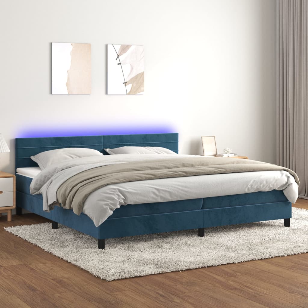 vidaXL Posteľný rám boxsping matrac a LED tmavomodrý 200x200 cm zamat