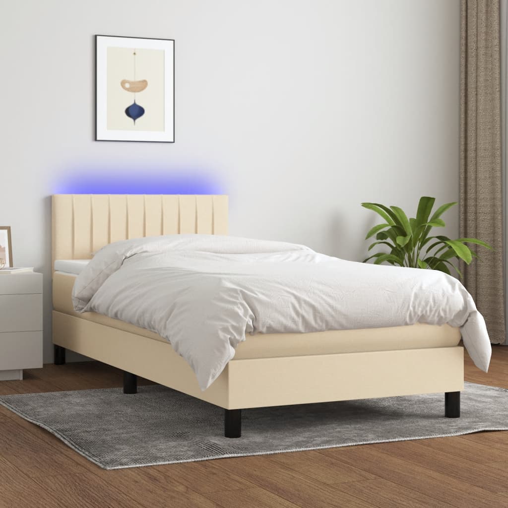vidaXL Posteľ boxsping s matracom a LED krémová 90x200 cm látka