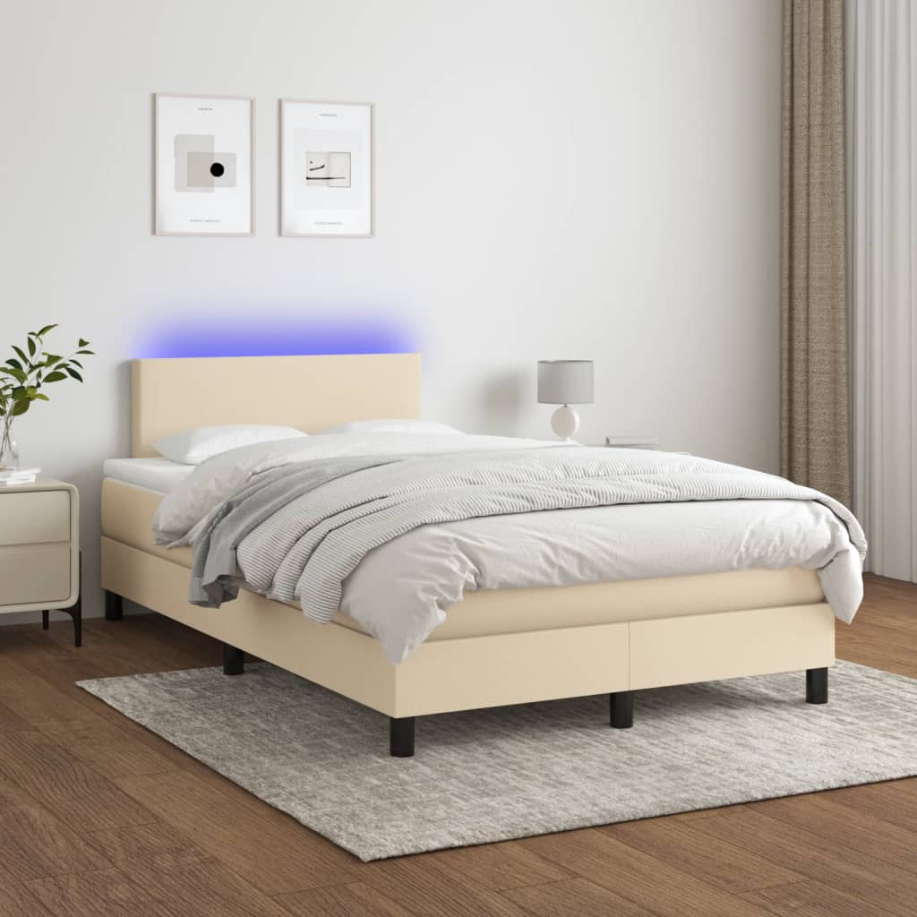 vidaXL Posteľ boxsping s matracom a LED krémová 120x200 cm látka