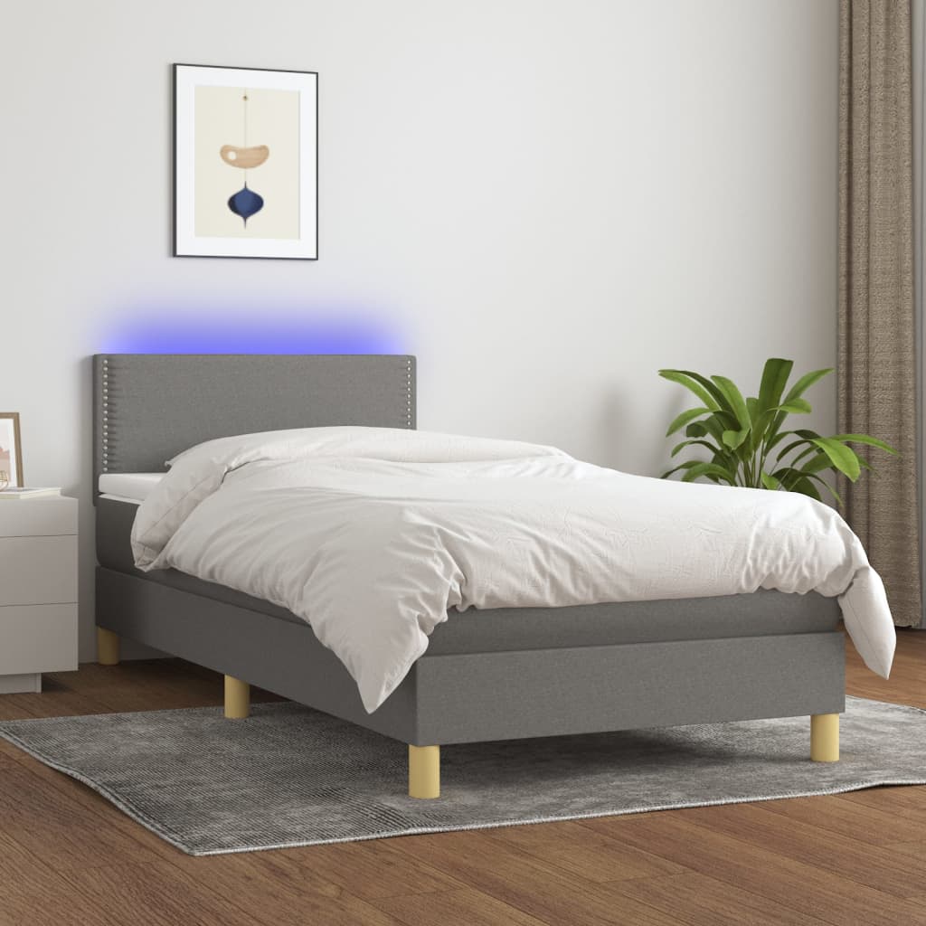 vidaXL Posteľ boxsping s matracom a LED tmavosivá 90x190 cm látka