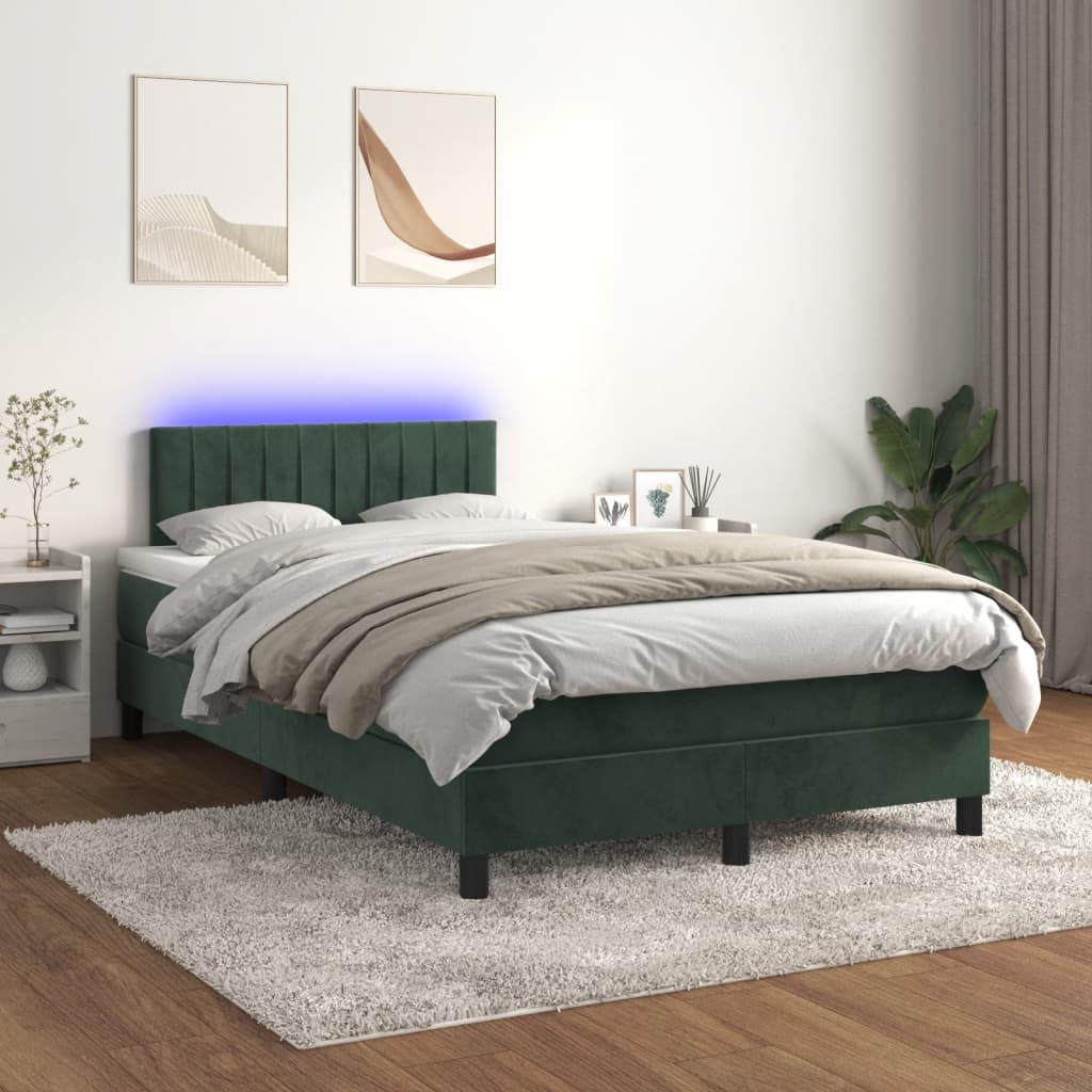 vidaXL Posteľný rám boxsping matrac a LED tmavozelený 120x200 cm zamat