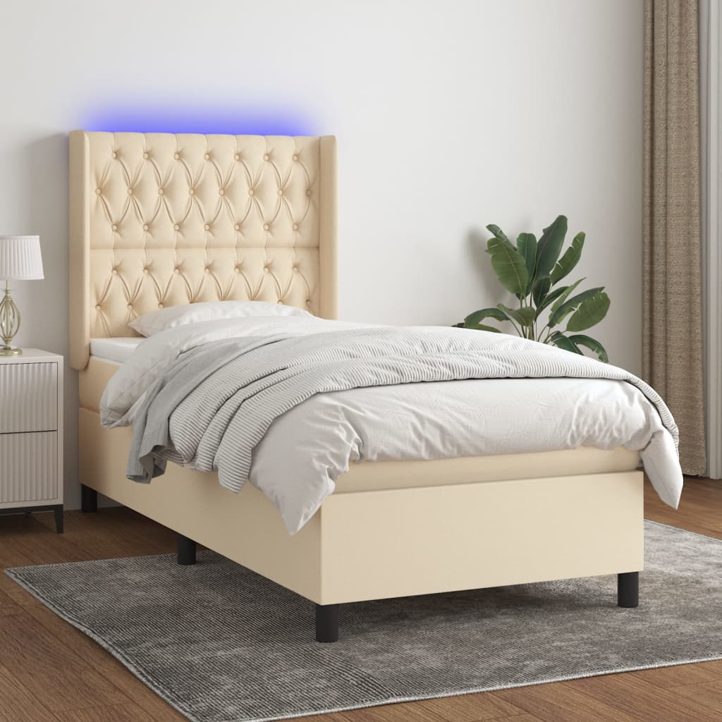 vidaXL Posteľ boxsping s matracom a LED krémová 80x200 cm látka