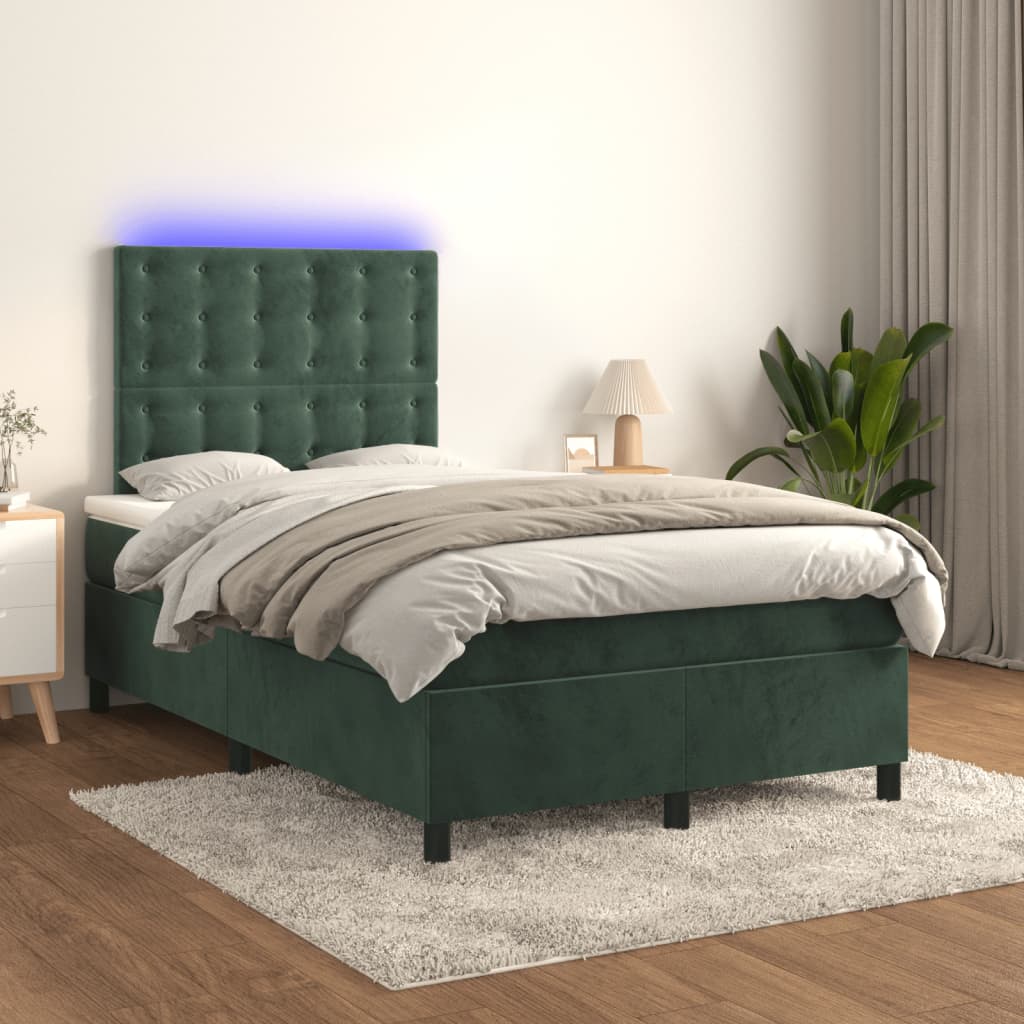 vidaXL Posteľný rám boxsping matrac a LED tmavozelený 120x200 cm zamat